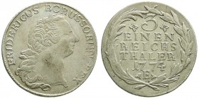 Altdeutsche Münzen und Medaillen, Brandenburg-Preußen, Friedrich II., 1740-1786
1/3 Taler 1774 E, Königsberg. sehr schön, Kratzer