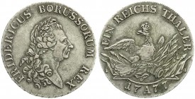 Altdeutsche Münzen und Medaillen, Brandenburg-Preußen, Friedrich II., 1740-1786
Reichstaler 1777 A, Berlin. Greisenantlitz. sehr schön, alte Patina