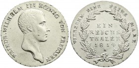 Altdeutsche Münzen und Medaillen, Brandenburg-Preußen, Friedrich Wilhelm III., 1797-1840
Taler 1814 A, Berlin. vorzüglich/Stempelglanz, winz. Kratzer...