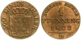 Altdeutsche Münzen und Medaillen, Brandenburg-Preußen, Friedrich Wilhelm III., 1797-1840
Pfennig 1822 D, Düsseldorf. vorzüglich