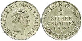 Altdeutsche Münzen und Medaillen, Brandenburg-Preußen, Friedrich Wilhelm IV., 1840-1861
1/2 Silbergroschen 1841 A, Berlin. vorzüglich/Stempelglanz