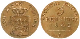 Altdeutsche Münzen und Medaillen, Brandenburg-Preußen, Friedrich Wilhelm IV., 1840-1861
3 Pfennig 1842 A, Berlin. gutes vorzüglich
