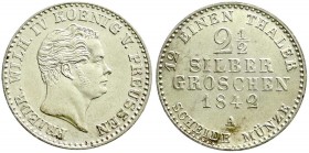 Altdeutsche Münzen und Medaillen, Brandenburg-Preußen, Friedrich Wilhelm IV., 1840-1861
2 1/2 Silbergroschen 1842 A, Berlin. vorzüglich/Stempelglanz...
