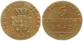 Altdeutsche Münzen und Medaillen, Brandenburg-Preußen, Friedrich Wilhelm IV., 1840-1861
3 Pfennig 1842 D, Düsseldorf. gutes vorzüglich