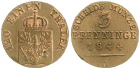 Altdeutsche Münzen und Medaillen, Brandenburg-Preußen, Friedrich Wilhelm IV., 1840-1861
3 Pfennig 1844 D, Düsseldorf. gutes vorzüglich, kl. Randfehler...