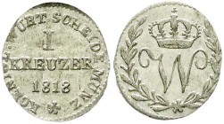 Altdeutsche Münzen und Medaillen, Württemberg, Wilhelm I., 1816-1864
Kreuzer 1818. Var. mit KOENIGL. fast Stempelglanz, übl. Stempelfehler, selten in ...