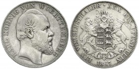 Altdeutsche Münzen und Medaillen, Württemberg, Karl, 1864-1891
Vereinstaler 1867. fast sehr schön, Belagreste
