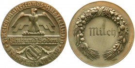 Medaillen, Drittes Reich
Bronzierte Zinkmedaille 1936. Reichsnährstandsausst. Frankfurt a. M. "Milch". 60 mm. Im beschädigten Etui (nur Unterseite). v...