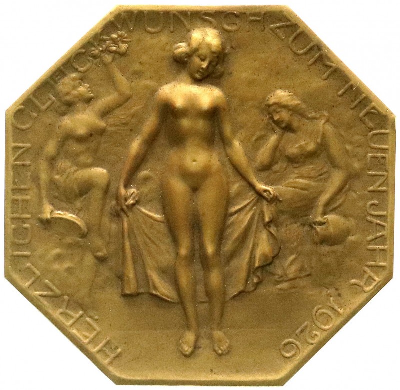 Medaillen, Erotik
Einseitige achteckige Bronzeplakette 1926. Glückwunsch zum neu...