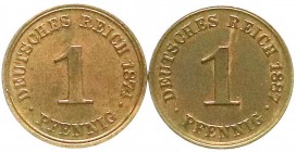 Reichskleinmünzen, 1 Pfennig kleiner Adler, Kupfer 1873-1889
2 Stück: 1874 A und 1887 J. vorzüglich/Stempelglanz und fast Stempelglanz