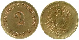 Reichskleinmünzen, 2 Pfennig kleiner Adler, Kupfer 1873-1877
1875 G. fast Stempelglanz, feine Kupfertönung