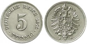 Reichskleinmünzen, 5 Pfennig kleiner Adler, Kupfer/Nickel 1874-1889
1875 H. vorzüglich/Stempelglanz
