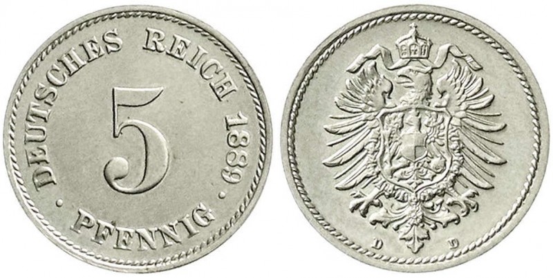 Reichskleinmünzen, 5 Pfennig kleiner Adler, Kupfer/Nickel 1874-1889
1889 D. Stem...
