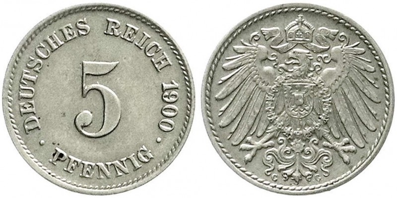 Reichskleinmünzen, 5 Pfennig großer Adler, Kupfer/Nickel 1890-1915
1900 G. vorzü...