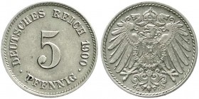 Reichskleinmünzen, 5 Pfennig großer Adler, Kupfer/Nickel 1890-1915
1900 G. vorzüglich/Stempelglanz