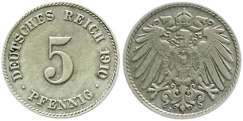Reichskleinmünzen, 5 Pfennig großer Adler, Kupfer/Nickel 1890-1915
1910 J. sehr ...