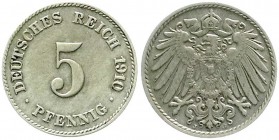 Reichskleinmünzen, 5 Pfennig großer Adler, Kupfer/Nickel 1890-1915
1910 J. sehr schön, selten