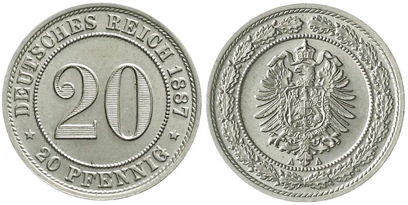 Reichskleinmünzen, 20 Pfennig kleiner Adler, Nickel 1887-1888
1887 A. Stempelgla...