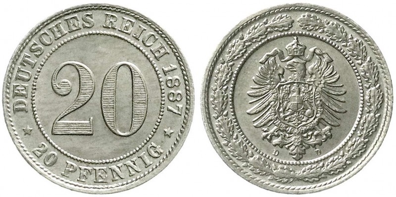 Reichskleinmünzen, 20 Pfennig kleiner Adler, Nickel 1887-1888
1887 D. fast Stemp...