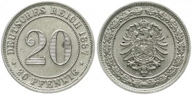 Reichskleinmünzen, 20 Pfennig kleiner Adler, Nickel 1887-1888
1887 E. fast Stempelglanz, kl. Fleck