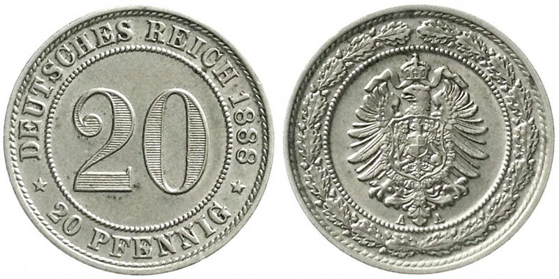 Reichskleinmünzen, 20 Pfennig kleiner Adler, Nickel 1887-1888
1888 A. fast Stemp...