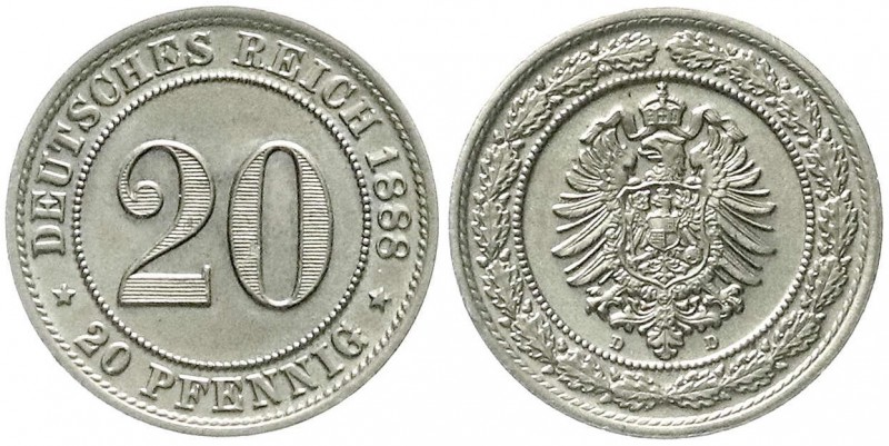 Reichskleinmünzen, 20 Pfennig kleiner Adler, Nickel 1887-1888
1888 D. fast Stemp...