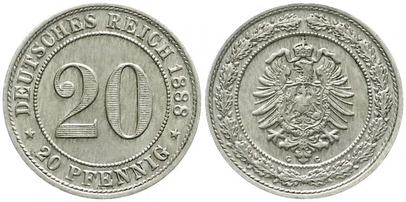 Reichskleinmünzen, 20 Pfennig kleiner Adler, Nickel 1887-1888
1888 G. vorzüglich...