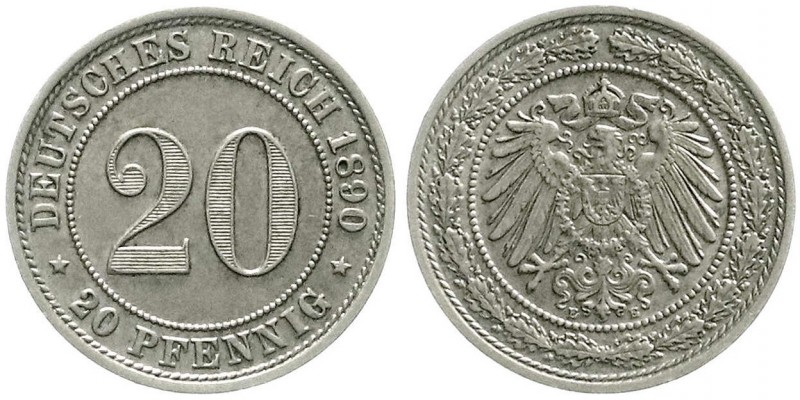 Reichskleinmünzen, 20 Pfennig großer Adler, Nickel 1890-1892
1890 E. fast vorzüg...