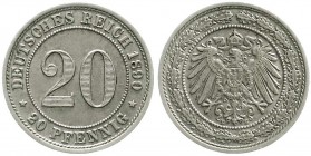Reichskleinmünzen, 20 Pfennig großer Adler, Nickel 1890-1892
1890 E. fast vorzüglich