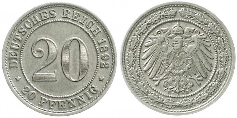 Reichskleinmünzen, 20 Pfennig großer Adler, Nickel 1890-1892
1892 E. vorzüglich/...