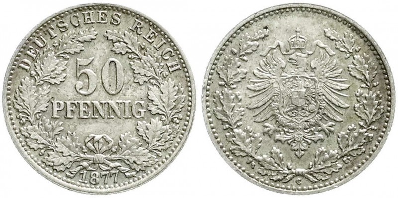 Reichskleinmünzen, 50 Pfennig kl. Adler Eichenzweige Silber 1877-1878
1877 C. fa...