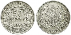 Reichskleinmünzen, 50 Pfennig kl. Adler Eichenzweige Silber 1877-1878
1877 C. fast Stempelglanz, schöne Tönung