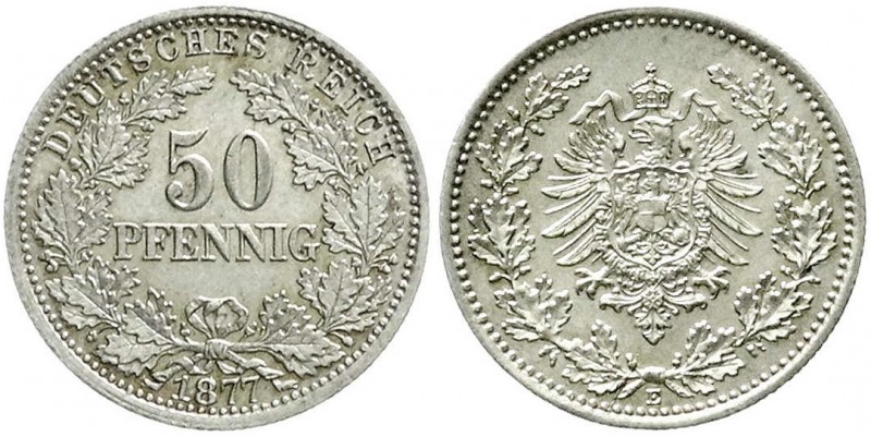 Reichskleinmünzen, 50 Pfennig kl. Adler Eichenzweige Silber 1877-1878
1877 E. vo...