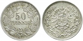 Reichskleinmünzen, 50 Pfennig kl. Adler Eichenzweige Silber 1877-1878
1877 E. vorzüglich/Stempelglanz