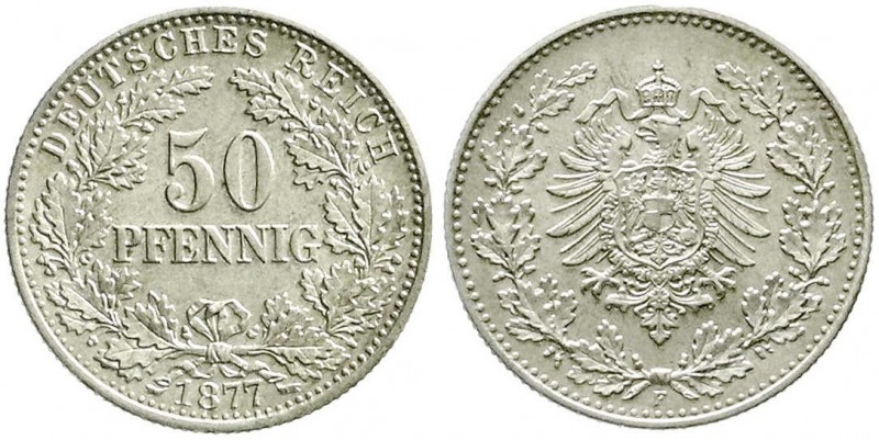 Reichskleinmünzen, 50 Pfennig kl. Adler Eichenzweige Silber 1877-1878
1877 F. fa...