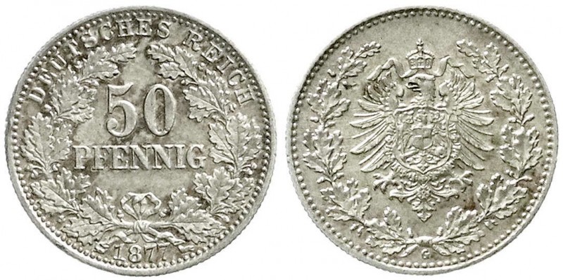 Reichskleinmünzen, 50 Pfennig kl. Adler Eichenzweige Silber 1877-1878
1877 G. fa...