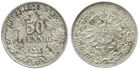 Reichskleinmünzen, 50 Pfennig kl. Adler Eichenzweige Silber 1877-1878
1877 G. fast Stempelglanz, herrliche Patina