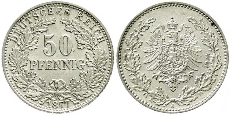 Reichskleinmünzen, 50 Pfennig kl. Adler Eichenzweige Silber 1877-1878
1877 J. fa...