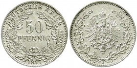 Reichskleinmünzen, 50 Pfennig kl. Adler Eichenzweige Silber 1877-1878
1877 J. fast Stempelglanz