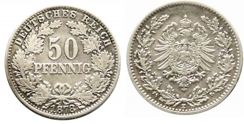 Reichskleinmünzen, 50 Pfennig kl. Adler Eichenzweige Silber 1877-1878
1878 E. se...