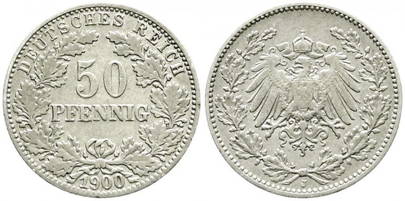 Reichskleinmünzen, 50 Pfennig gr. Adler Eichenzweige Silb. 1896-1903
1900 J. seh...