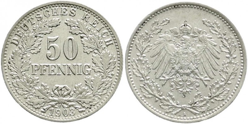Reichskleinmünzen, 50 Pfennig gr. Adler Eichenzweige Silb. 1896-1903
1903 A. gut...