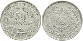 Reichskleinmünzen, 50 Pfennig gr. Adler Eichenzweige Silb. 1896-1903
1903 A. gutes vorzüglich, min. Randfehler