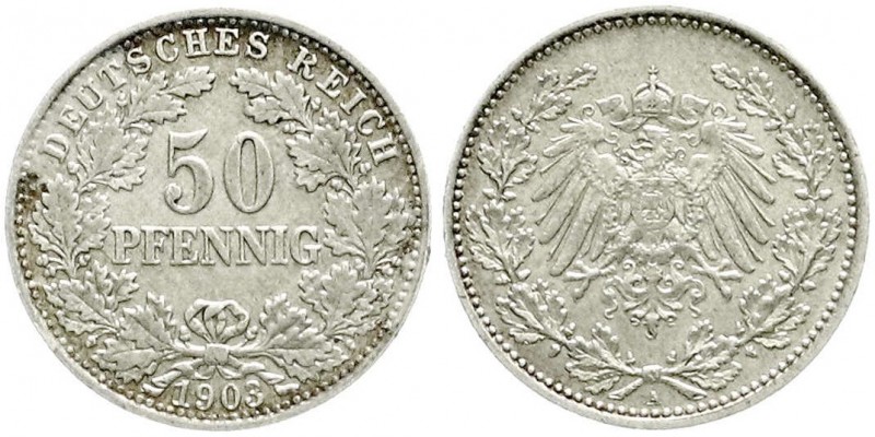 Reichskleinmünzen, 50 Pfennig gr. Adler Eichenzweige Silb. 1896-1903
1903 A. gut...