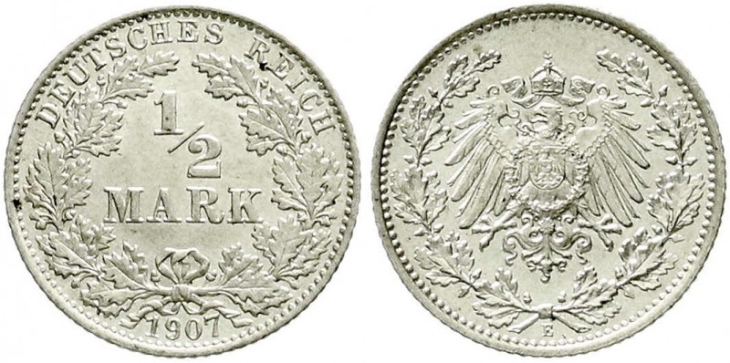 Reichskleinmünzen, 1/2 Mark gr. Adler Eichenzweige, Silber 1905-1919
1907 E. fas...