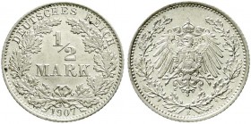Reichskleinmünzen, 1/2 Mark gr. Adler Eichenzweige, Silber 1905-1919
1907 E. fast Stempelglanz