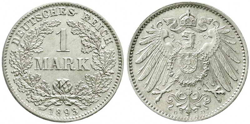 Reichskleinmünzen, 1 Mark großer Adler, Silber 1891-1916
1893 D. fast Stempelgla...