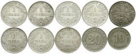 Reichskleinmünzen, Lots
10 meist verschiedene, gut erhaltene Kleinmünzen aus 1875 bis 1915: 1 Mark 1875 C, F, 1886 E, 1902 D, 1905 A, 1908 D, 1914 E, ...