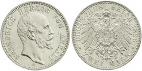 Reichssilbermünzen J. 19-178, Anhalt, Friedrich I., 1871-1904
2 Mark 1896 A. vorzüglich/Stempelglanz aus Erstabschlag, kl. Kratzer