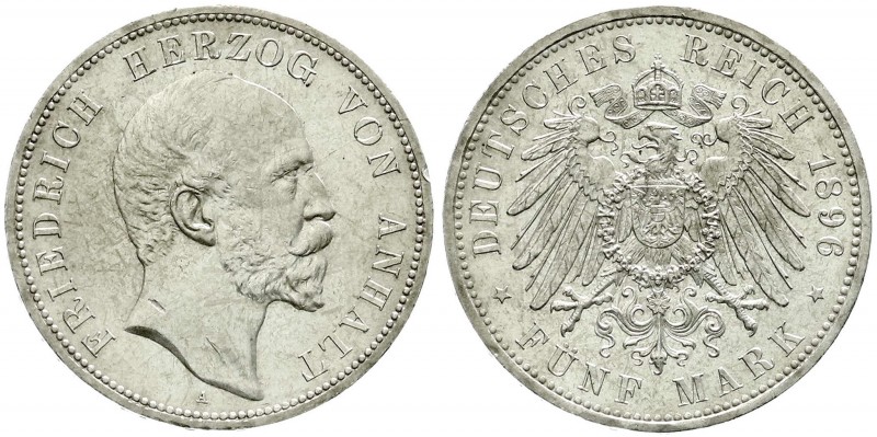 Reichssilbermünzen J. 19-178, Anhalt, Friedrich I., 1871-1904
5 Mark 1896 A. prä...